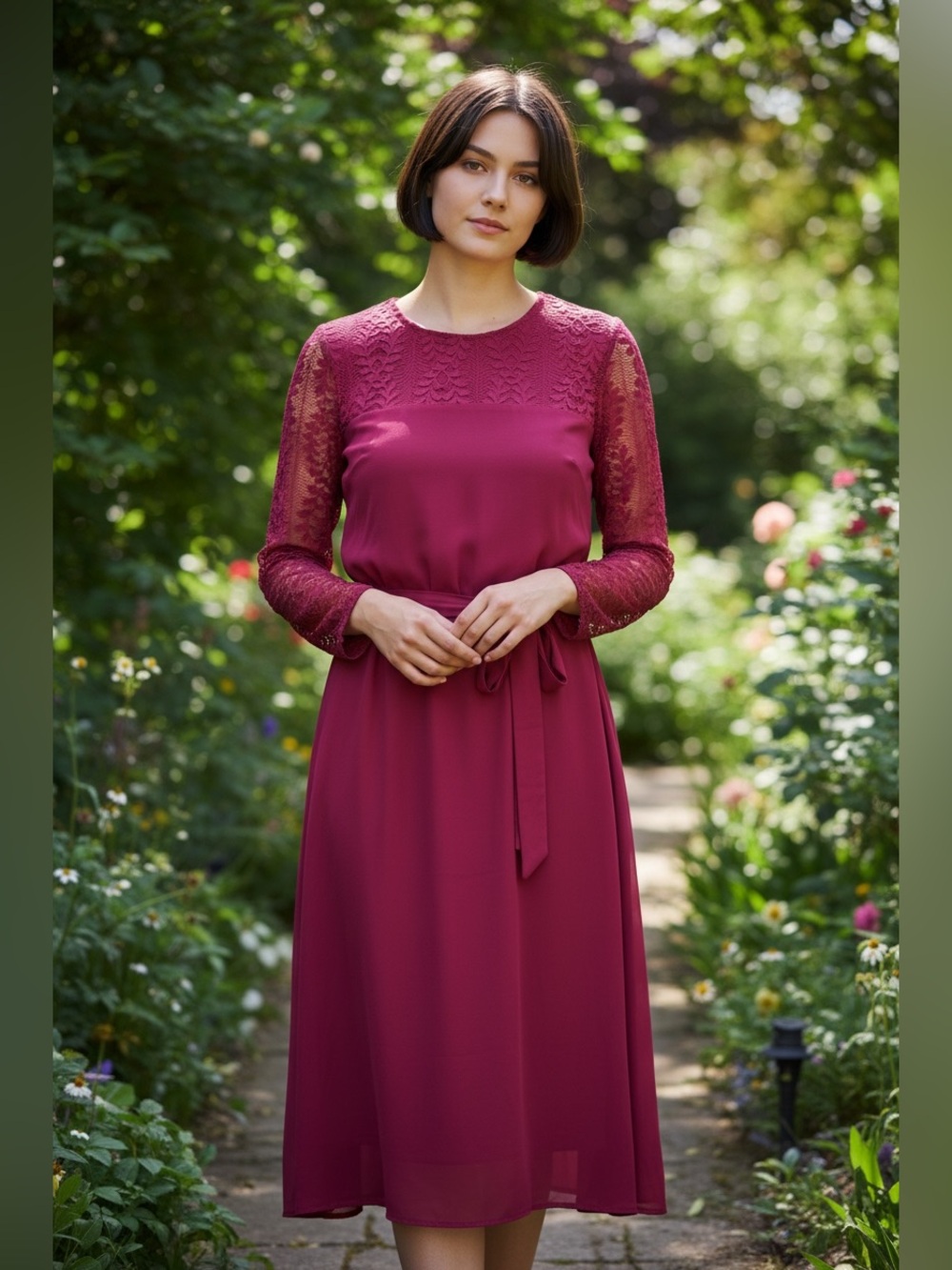 BloomChic Burgundy Lace-Sleeve Midi Dress Size 14 #481